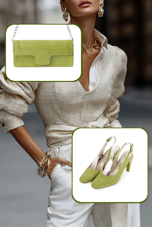 Dress slingback heels in pistachio green leather with high slim heels and round toe - Worn view
